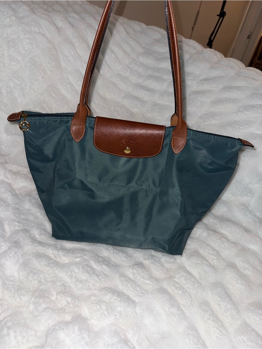 Longchamp Le Pliage Medium Long Handle Tote Teal Green Nylon